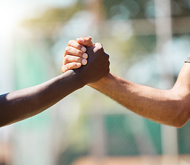 Image showing Handshake, partnership and agreement for trust, support or unity against a blurred background. People shaking hands for teamwork, friendship or deal in meeting, respect or social greeting on mockup