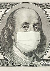 Image showing Portrait of Franklin on 100 dollar banknote with medical mask