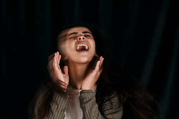 Image showing Mental health, problem and woman in studio psychology, trauma and schizophrenia on black background mockup. Stress, anxiety and girl phobia, bipolar or mind disorder suffering identity conflict