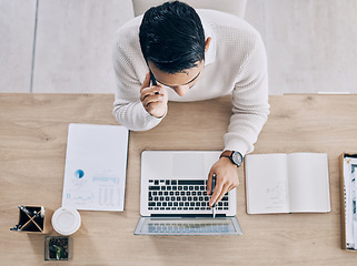 Image showing Laptop, phone call and manager in digital marketing networking, talking or in communication with a company. Top view, screen and copywriting expert speaking to a worker about online content research