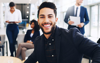 Image showing Happy, portrait and young businessman in office with colleagues on meeting break in New York, USA. Gen z, corporate and professional person in workplace with optimistic smile for job satisfaction.