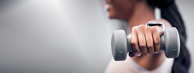 Image showing Hand with dumbbell, fitness and strong black woman with exercise zoom and weightlifting mock up, workout and muscle building. Weight training closeup, sport and power with healthy active lifestyle.