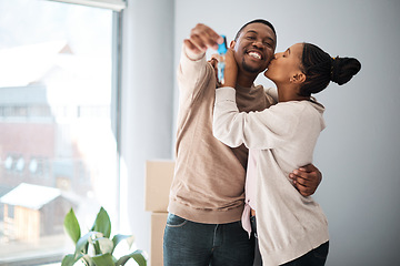 Image showing Real estate, home and couple with keys for moving in, dream home and property, happy and kiss mockup. Portrait, man and woman hug in celebration of house, sale and success, mortgage and investment