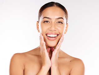 Image showing Portrait of woman, skincare and beauty cosmetics for shine, wellness or healthy glow on studio background. Happy model touching face after facial laser aesthetics, chemical peel and clean dermatology