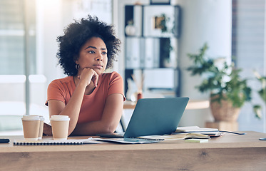 Image showing Thinking, laptop or black woman planning marketing, advertising or company KPI growth in office. Employee, tech or business woman for small business, startup or remote work for creative strategy