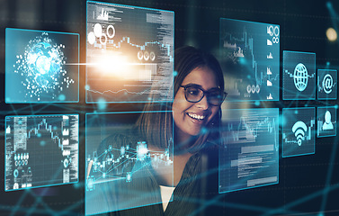 Image showing Call center, consultant and woman with futuristic data analytics of global support contact or help desk support. Future customer service, telemarketing or hologram overlay of girl consulting at night