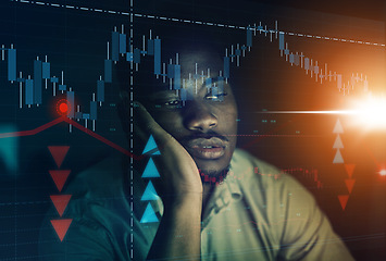 Image showing Stock market crash, business man sad, depressed or tired in dark background mock up and data overlay. Accounting, finance and forex investor with chart or graph arrow analytics for fintech or trading