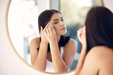 Image showing Shape, eyebrow and woman in mirror of bathroom for beauty, microblading and makeup. Luxury, facial and wellness with face of girl at home and tweezers for cosmetics, cosmetology and skincare