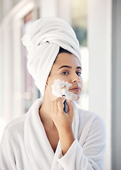 Image showing Skincare, facial cream and woman with brush apply face mask for beauty treatment, morning bathroom routine or healthcare. Dermatology, spa salon and girl with luxury cosmetics product for skin glow
