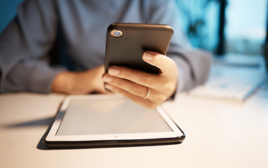 Image showing Smartphone, tablet and hands at office desk for digital marketing, multimedia application and software company update. Creative, corporate and productivity business woman using phone for social media