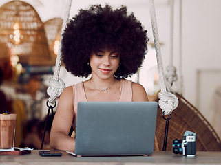 Image showing Entrepreneur, laptop or black woman at coffee shop typing blog article with remote work and happy smile. Freelance blogger, gen z girl or working online, thinking and creative idea at cafe in Brazil