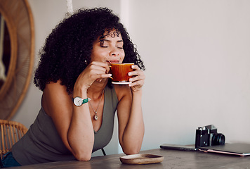 Image showing Black woman, smelling or coffee cup in restaurant, cafe or coffee shop for organic chai, matcha or local retail caffeine. Smile, happy or relax bistro customer, student or entrepreneur or morning tea