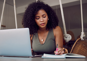 Image showing Black woman, laptop and writing in notebook for planning schedule, calendar or dairy for task reminder at home. African American female designer or event planner taking notes for project plan or idea