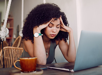 Image showing Black woman, laptop and headache from stress, anxiety or overworked in remote business at home. African American female holding head and suffering from burnout, mental health issues or bad difficulty