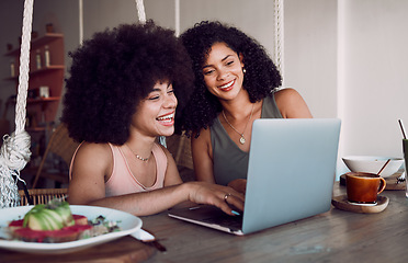 Image showing Friends, laptop and web designer women at coffee shop working on digital planning, partnership and website ux collaboration. Digital marketing team, black woman and SEO tech app stratergy at cafe