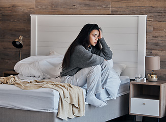 Image showing Insomnia, depression and woman in bedroom wake up or thinking of mental health problem, anxiety and morning fatigue. Depressed, stress and tired girl on her bed with psychology risk, sad or trauma
