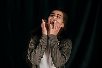Image showing Woman, stress or screaming on black background in studio in mental health, anxiety or bipolar disorder rehabilitation. Anxiety, shouting or depression for burnout person on psychology mockup backdrop
