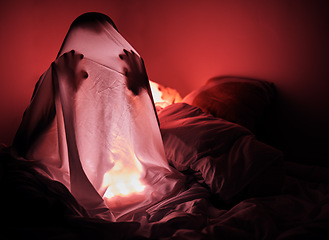 Image showing Ghost, sheet and red light in bedroom for scary story, horror and evil at night with human silhouette. Person in home bedroom for thriller, creepy and Halloween background with insomnia fear for dark