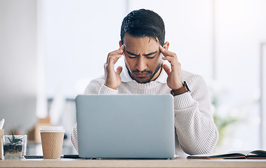 Image showing Work, stress and burnout, man at computer reading spam email, glitch or 404 error in office. Headache, frustrated at work on tax compliance and businessman with problem on startup audit report online
