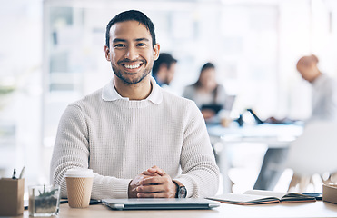 Image showing Smile, marketing and businessman happy in a coworking office at a corporate agency. Ready, excited and portrait of an employee working at a desk with commitment, creativity and happiness at work