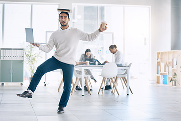 Image showing Balance, multitask and busy with a business man carrying a laptop, book and coffee in the boardroom. Assistant, overworked and one leg with a male employee multitasking during a meeting in the office