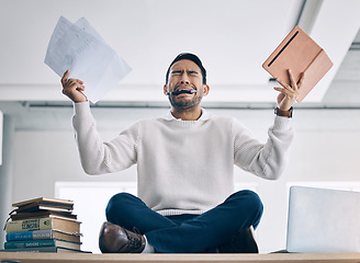 Image showing Stress, burnout and businessman in office crying, suffering from mental health breakdown and overwork. Anxiety, frustrated and male employee with depression, tired and overwhelmed with multitasking.