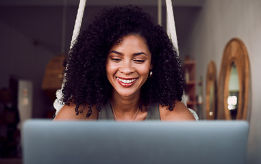 Image showing Coffee shop, working and face of black woman with laptop smiling, happy and excited to start project. Entrepreneur, freelancer and businesswoman typing, writing and reading work on computer in cafe