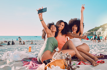 Image showing Phone, selfie and women friends on the beach with freedom on a summer adventure on vacation in Mexico. Travel, happiness and girls taking a picture on seaside holiday or journey by the ocean together