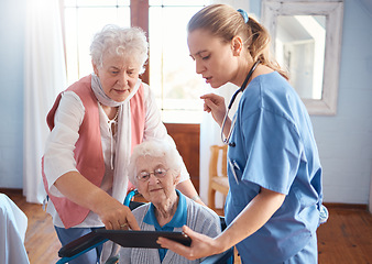 Image showing Doctor, tablet and visit for elderly care, consultation or healthcare diagnosis at old age home. Nurse or medical therapist working with touchscreen helping or consulting senior patient in wheelchair