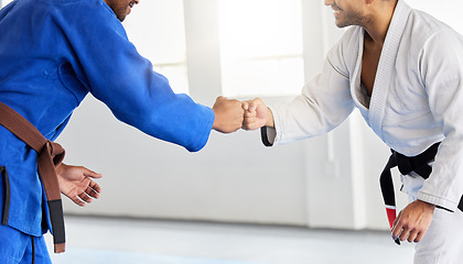 Image showing Men in karate club, training focus and fist bump for competition fight in Japan. People greeting, learning martial arts fitness and healthy lifestyle in mma sports center with champion athletes