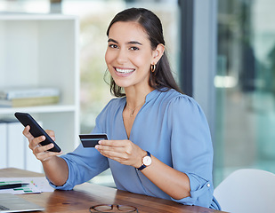 Image showing Credit card, online shopping or woman with phone for banking, internet or web for fintech, bill or tax payment. Happy portrait, smile or girl with shopping, trading or ecommerce investment planning.