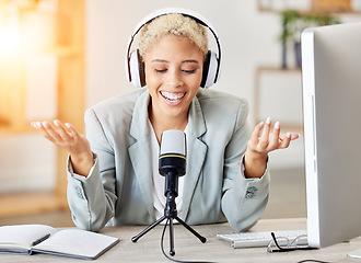 Image showing Podcast, microphone and radio with black woman at desk for influencer, blog and social media. Speaker, news and live streaming with presenter for content creator, advertising or journalist interview