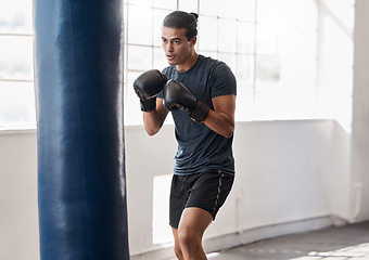 Image showing Man, boxing and training with punching bag in gym for body fitness, health and wellness with boxing gloves. Boxer, martial arts or exercise workout for sport, cardio or focus with precision in studio