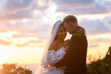 Image showing Happy newlyweds hugging against the background of a backlit sunset