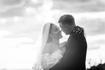 Image showing Happy newlyweds hugging against the sky in the rays of the setting sun, black and white version