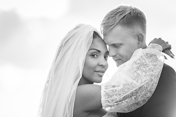 Image showing Happy newlyweds hugging in the rays of the setting sun, black and white version