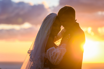 Image showing Portrait of happy newlyweds hugging in the rays of the setting sun