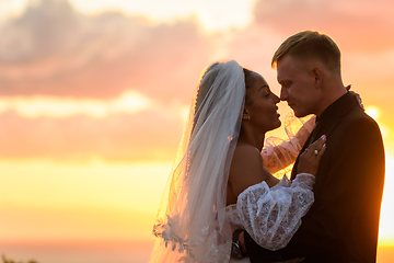 Image showing Portrait of happy newlyweds in the rays of the setting sun