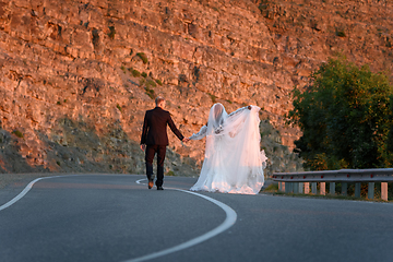 Image showing Happy newlyweds walk along a mountain asphalt road from the camera