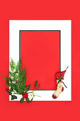 Image showing Christmas Retro Stocking and Winter Greenery Background