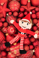 Image showing Christmas Elf Toy and Red Bauble Tree Decorations