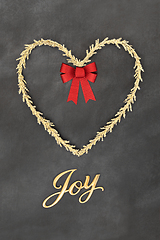 Image showing Christmas Joy Sign Tinsel Heart Shape Wreath and Bow