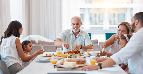 Image showing Family, breakfast and food with a senior man eating during a visit from his children and grandchildren at home. Kids, love and celebration with parents and girl siblings enjoying a meal together