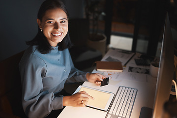 Image showing Business woman, credit card or tablet in night office for company investment management, startup budget or finance planning. Portrait, smile or happy financial worker on fintech ecommerce technology