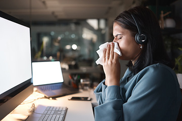 Image showing Faq, call center or sick business woman blowing nose with tissues in contact us, telemarketing or sales company. Stress flu, covid or cold virus for customer support receptionist or crm technology