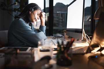 Image showing Headache, call center and business woman in night office for global telemarketing, customer support and software consultant job. burnout, depression and tired virtual, financial and insurance advisor