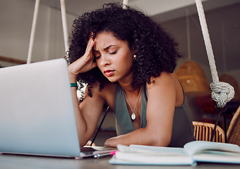 Image showing Stress, student and black woman with laptop in cafe frustrated from studying, working and project. University, burnout and stressed girl in coffee shop tired from learning on computer and books