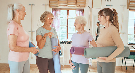 Image showing Yoga, friends and senior women talking about studio fitness training, pilates workout or retirement healthcare exercise. Group communication, team discussion and elderly people in gossip conversation