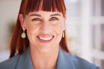 Image showing Accountant, woman and happy portrait of face excited for career opportunity in Canada workspace. Happiness, expert and professional accounting employee ready for company venture with smile.