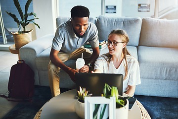 Image showing Students, friends and laptop study at sofa for education, learning and elearning lecture discussion. Interracial, help and studying together online for university exam preparation in living room.